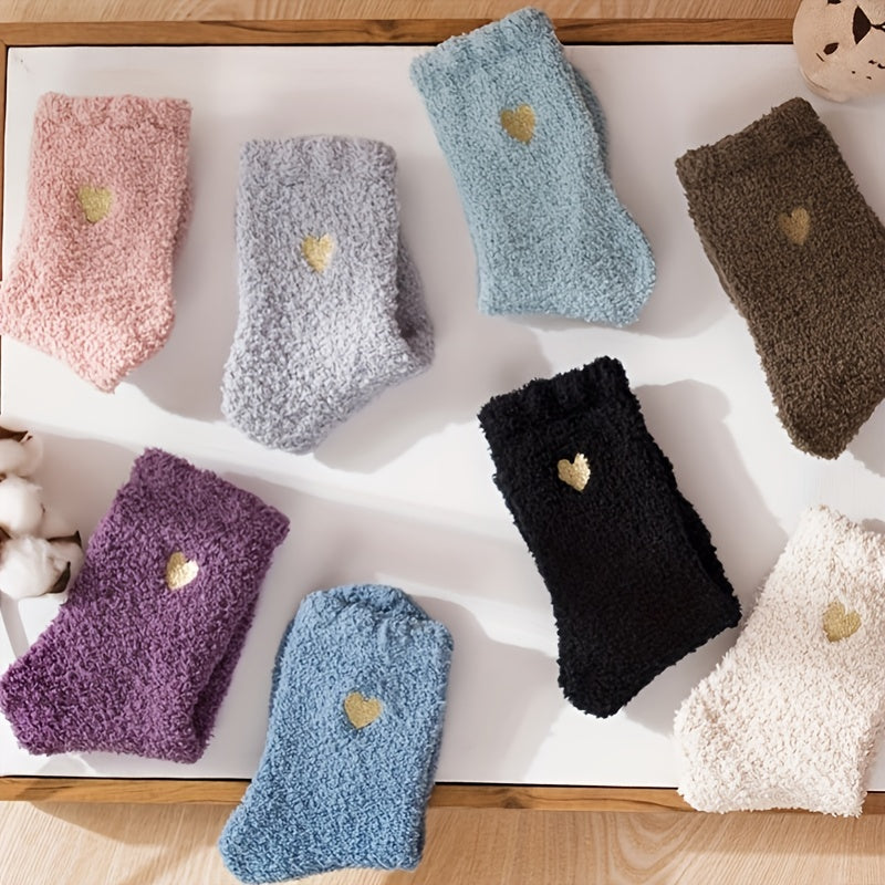 8 Pairs Heart Embroidery Fuzzy Socks Women's Stockings