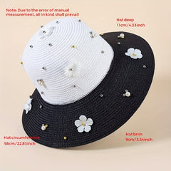 Faux Pearl Decor Sun Hat Wide Brim Straw Hat Foldable Summer Travel Beach Hats