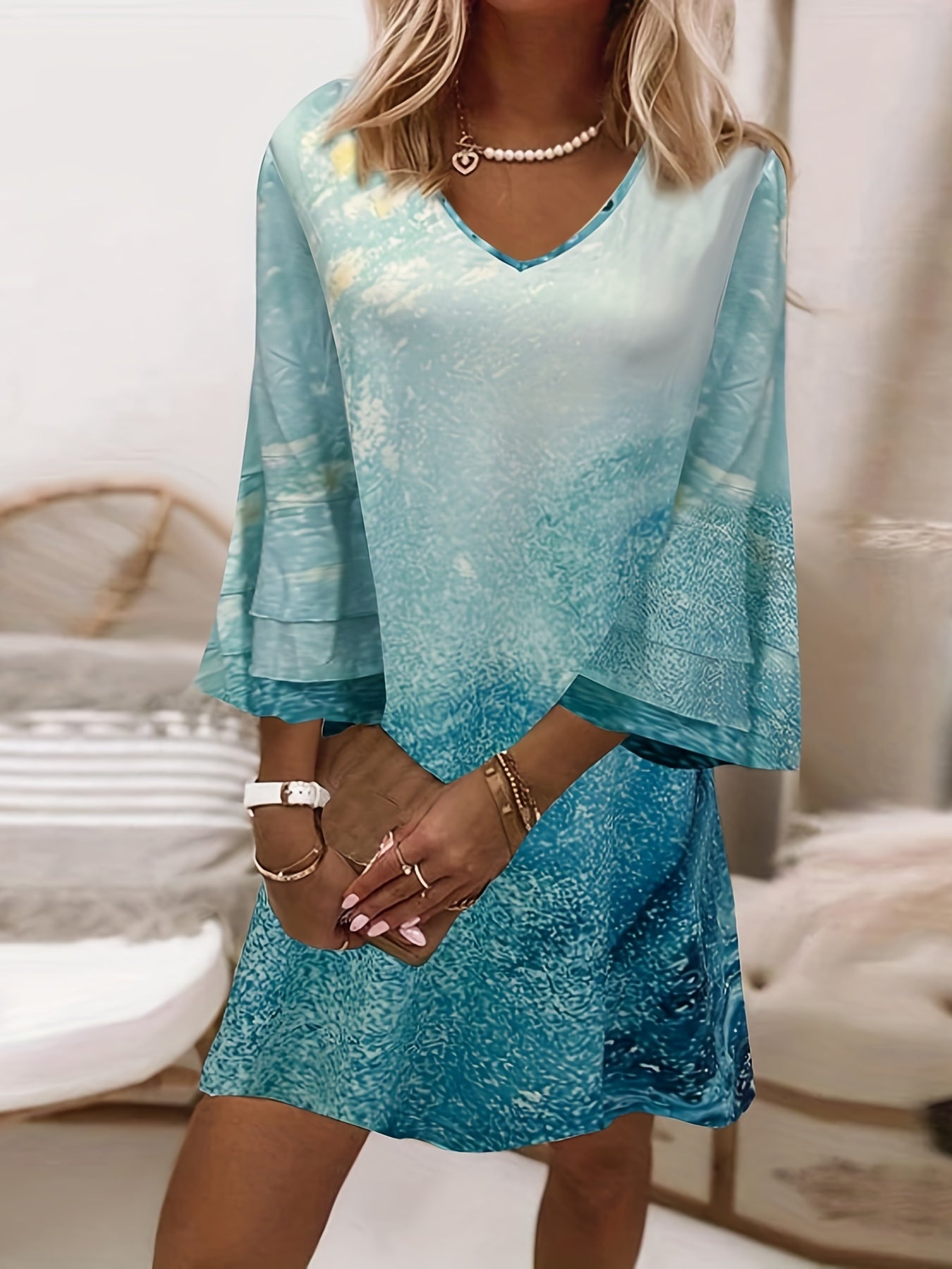  Ombre Print Flared Sleeve V Neck Dress