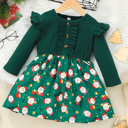 Santa Graphic Ribbed Long Sleeve Dress For Girls