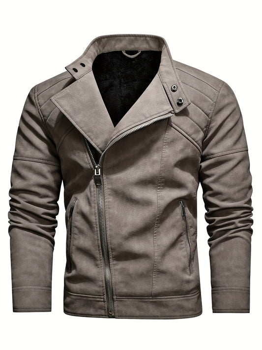 Men's PU Leather Fleece Winter Jacket with Diagonal Zipper
