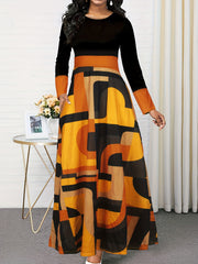  Colorblock Geometric Print Maxi Dress