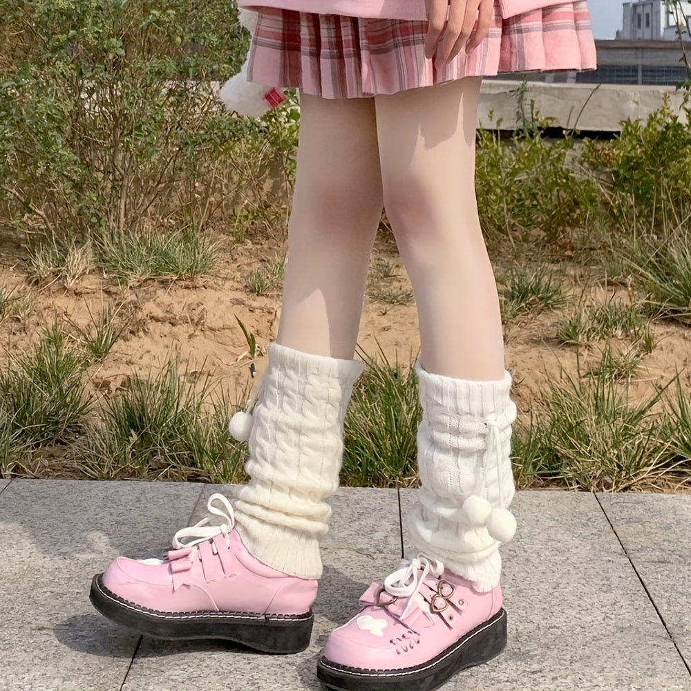 Rib Knit Leg Warmers Pompom Knee High Socks Women's Stockings