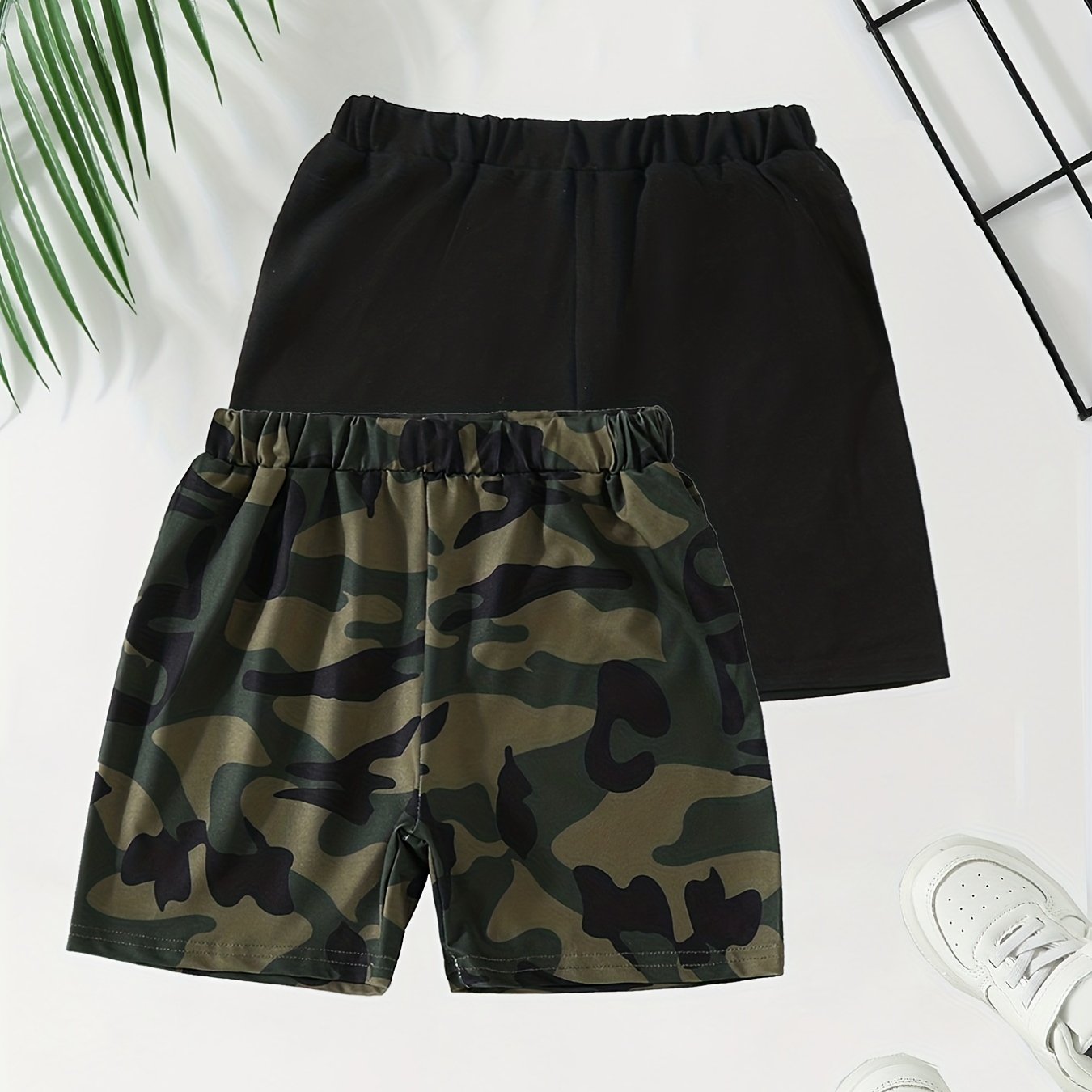 2pcs Boys Solid & Camo Comfortable Shorts Elastic Waist for Summer