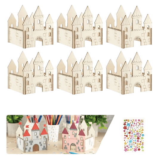 6pcs Wooden Castle Craft Kit DIY Unfinished Wooden Castle House Building