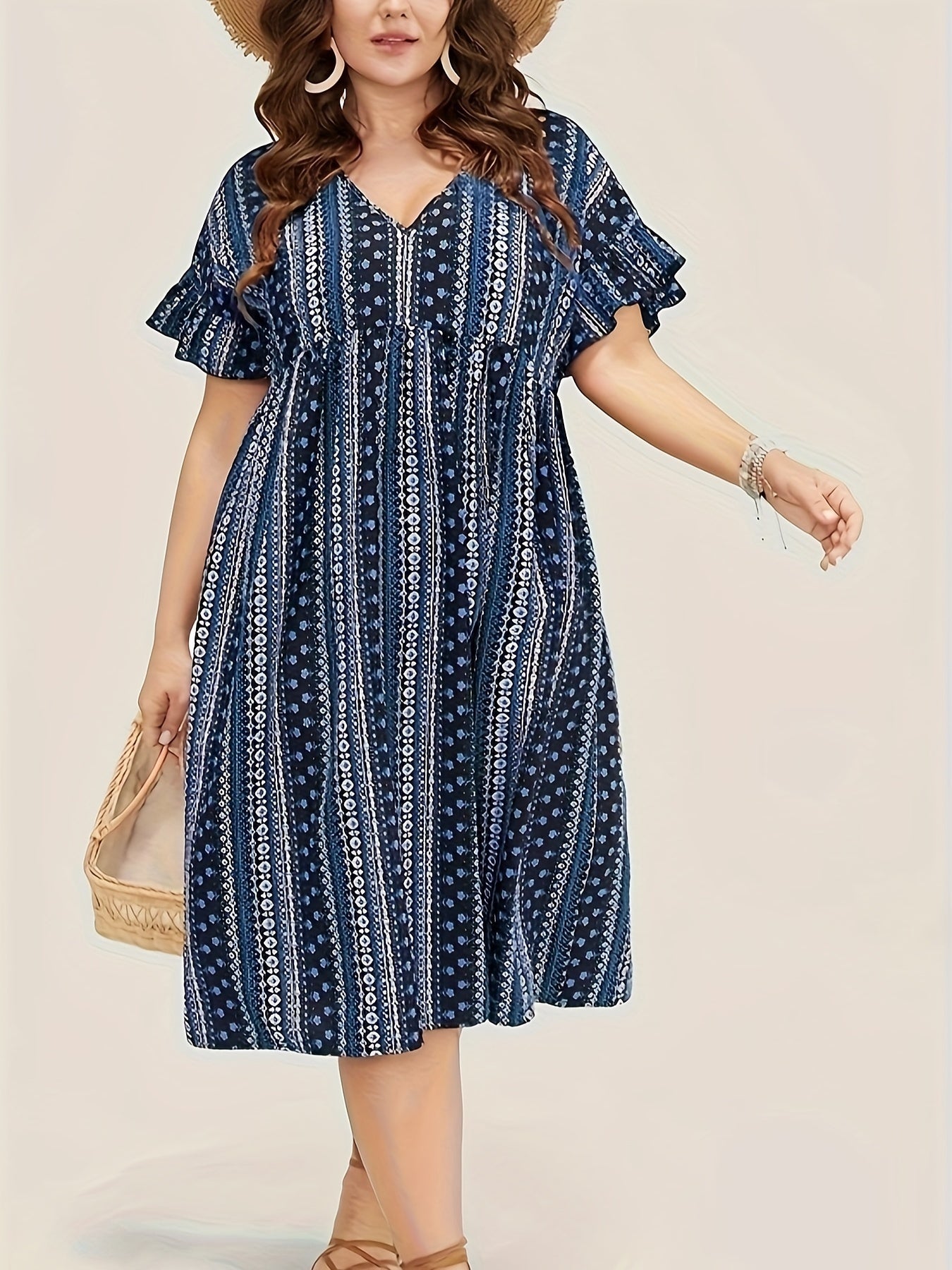  Colorblock Boho Dress V Neck Ruffle Trim Short Sleeve