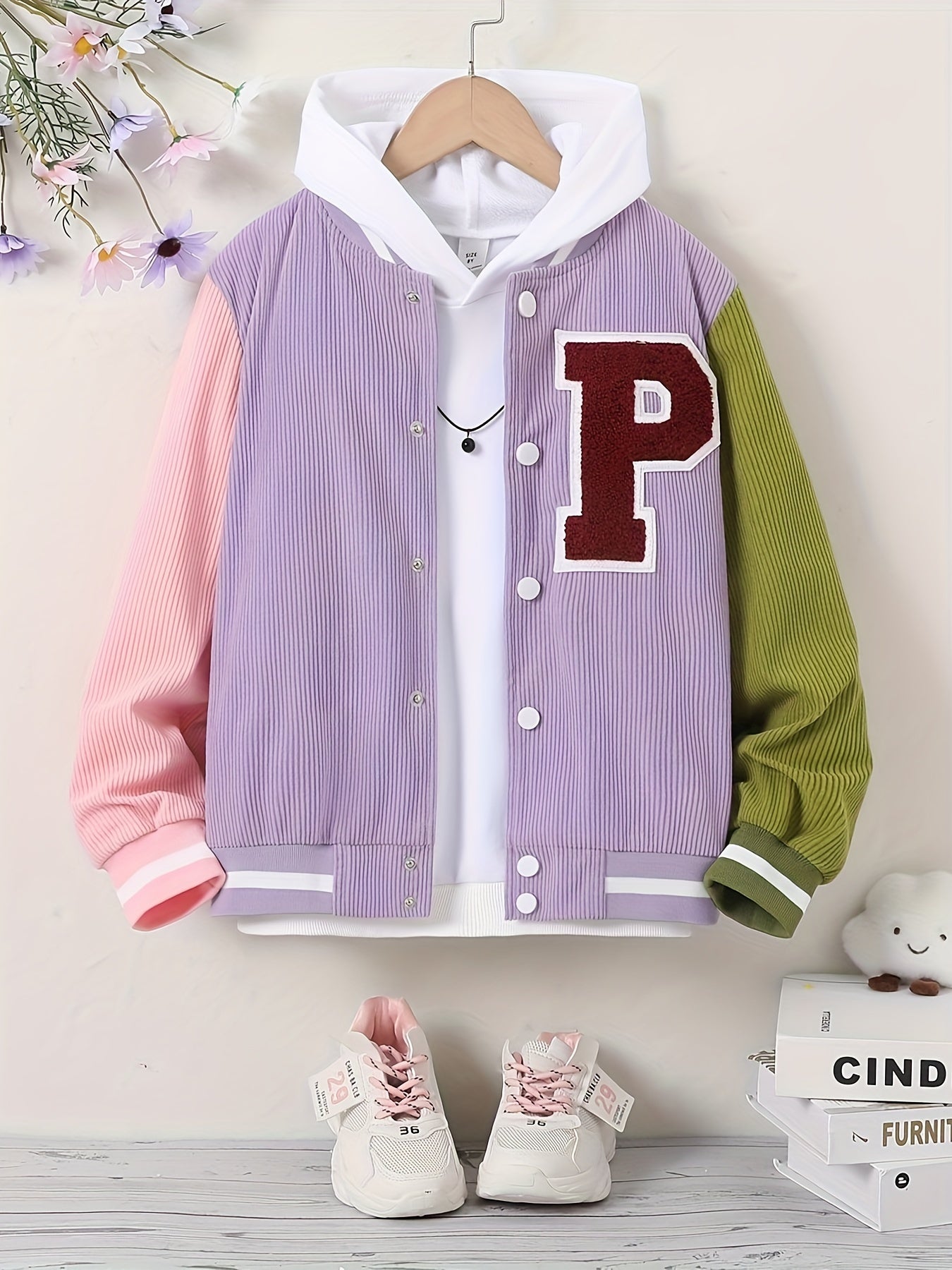 Girls Letter Patched Striped Baseball Jacket