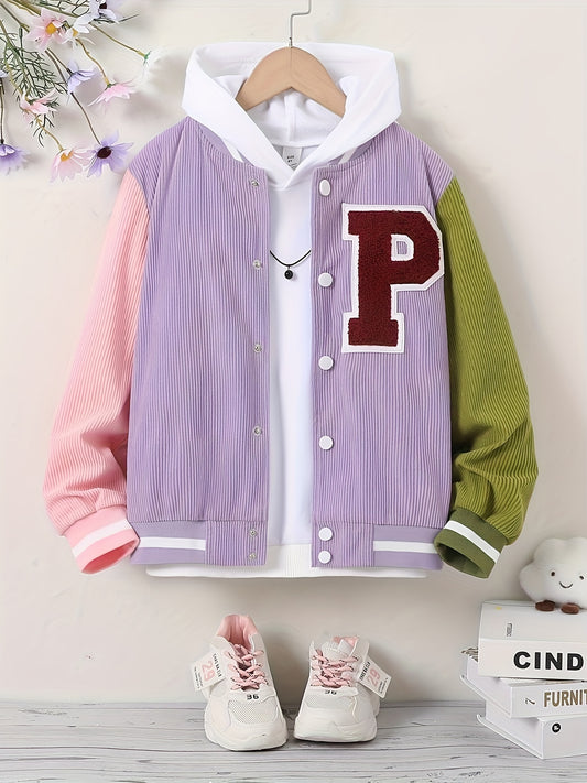 Girls Letter Patched Striped Baseball Jacket