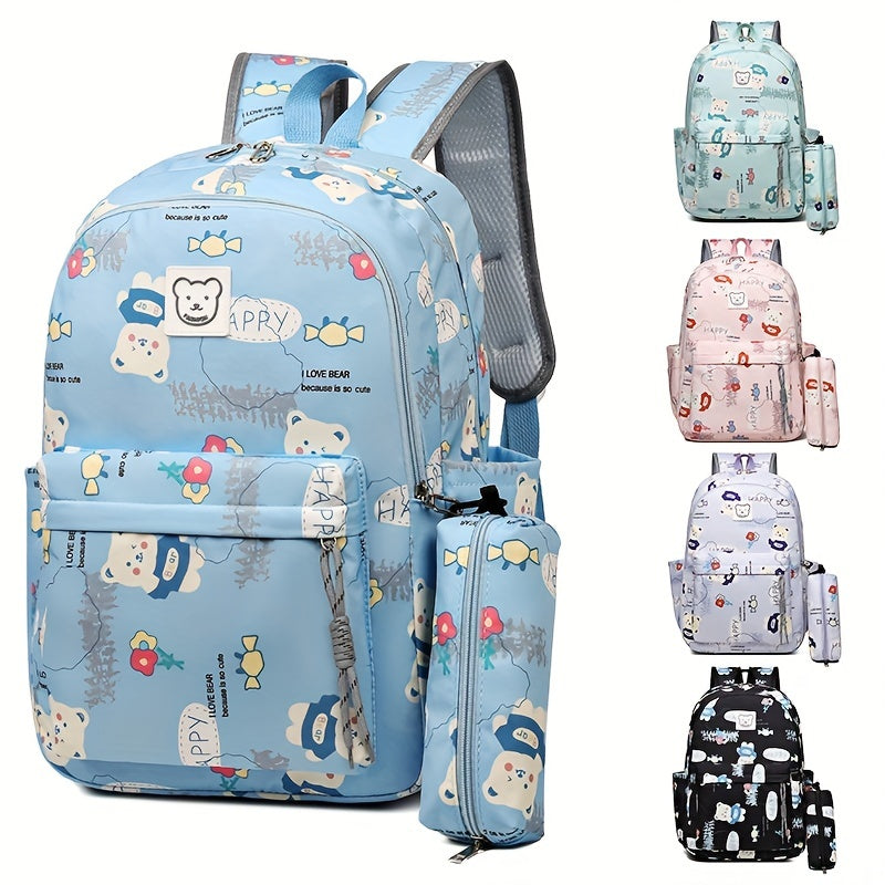 Bear Print Large Capacity Preppy Backpack Pencil Case Pendant Set