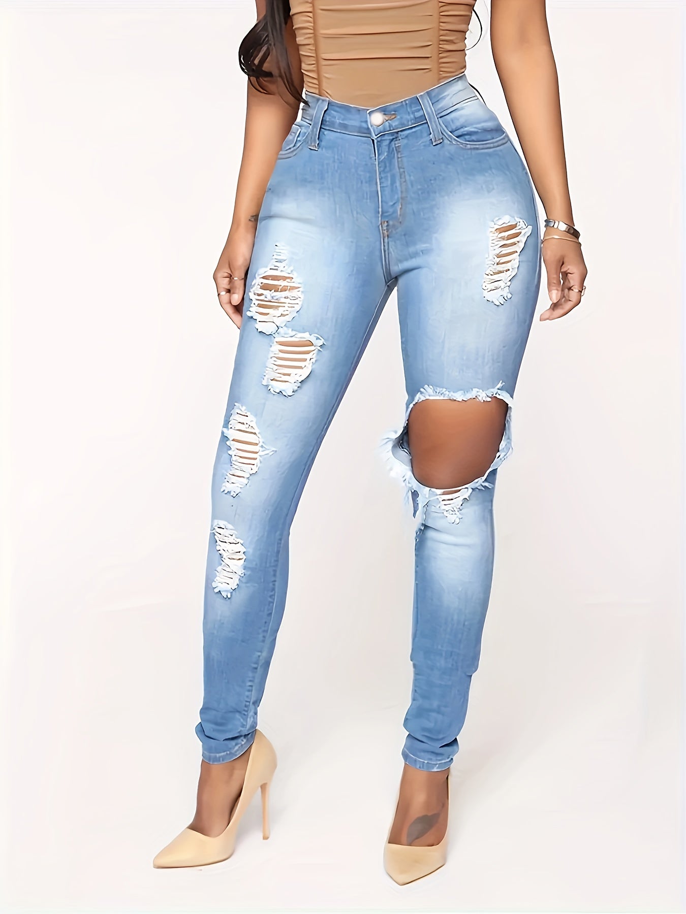  Washed Ripped High Rise Stretch Jeans