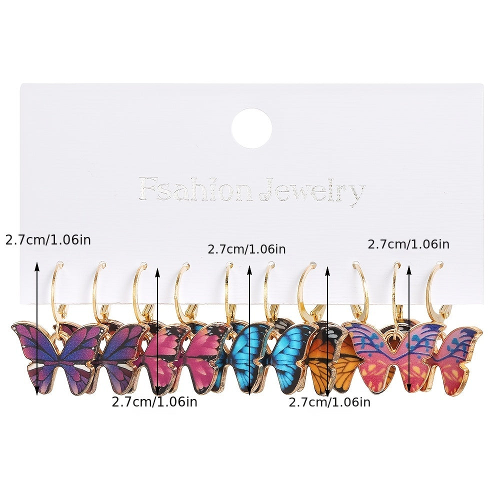 5 Pairs Colorful Butterfly Drop Earrings Set