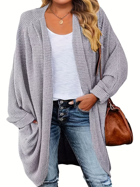  Waffle Knit Bat Sleeve Open Front Sweater Cardigan