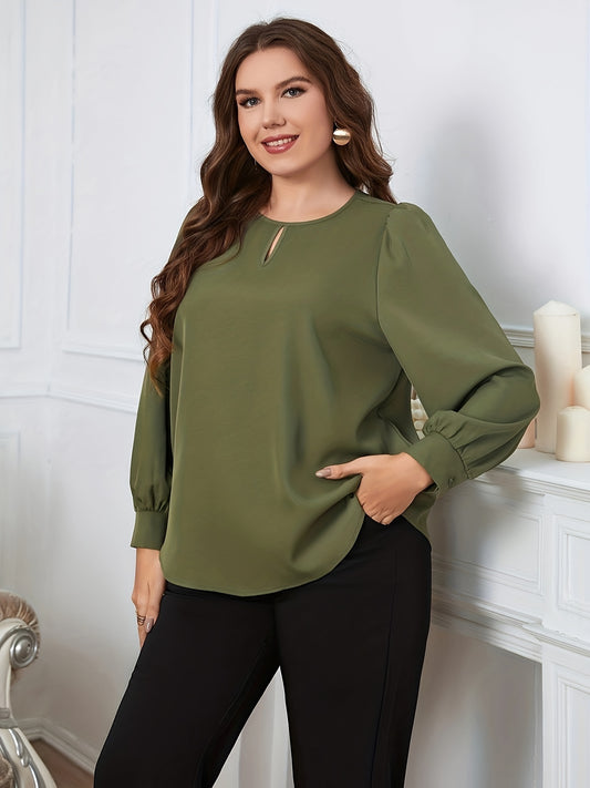  Solid Long Sleeve Keyhole Blouse