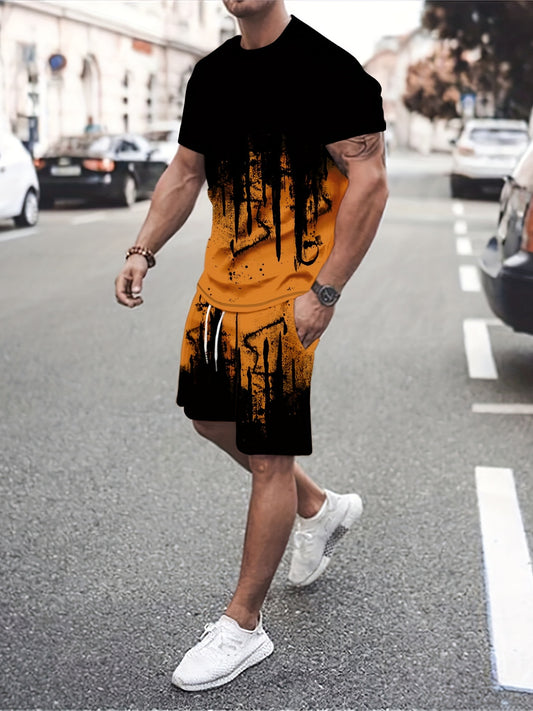 Men's Block Pattern Print 2-Piece Outfit Short Sleeve T-Shirt and Shorts Set