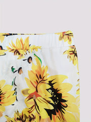  Sunflower Print Flared Leg High Rise Pants