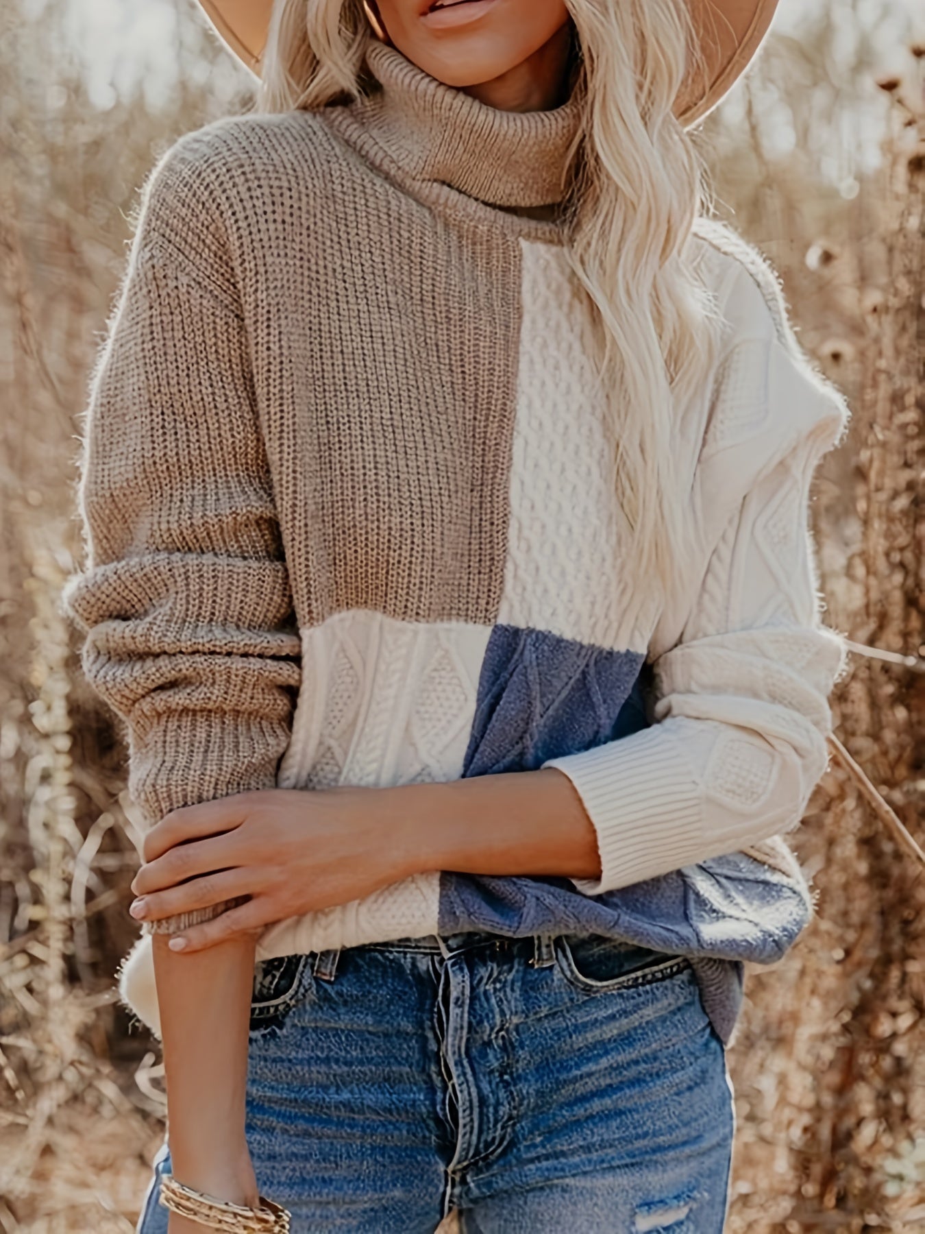  Colorblock Cable Turtle Neck Sweater