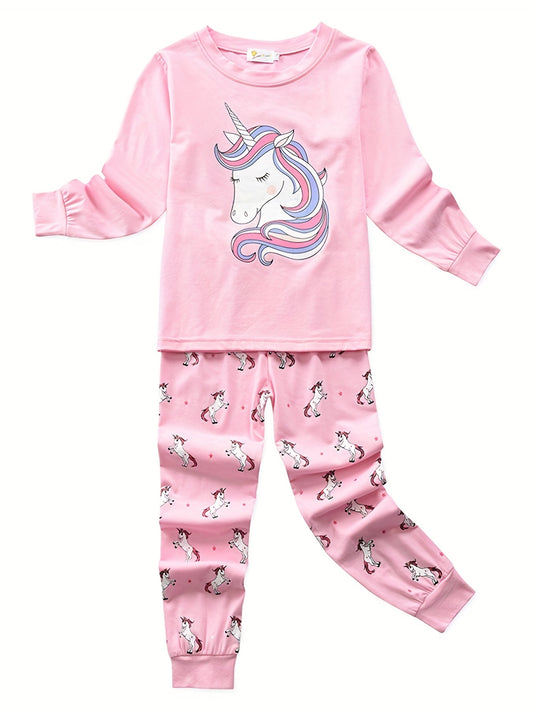 Girls Unicorn Print Long Sleeve Pajamas Set