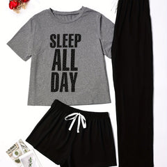  Letter Graphic Tee & Shorts & Pants Pajama Set