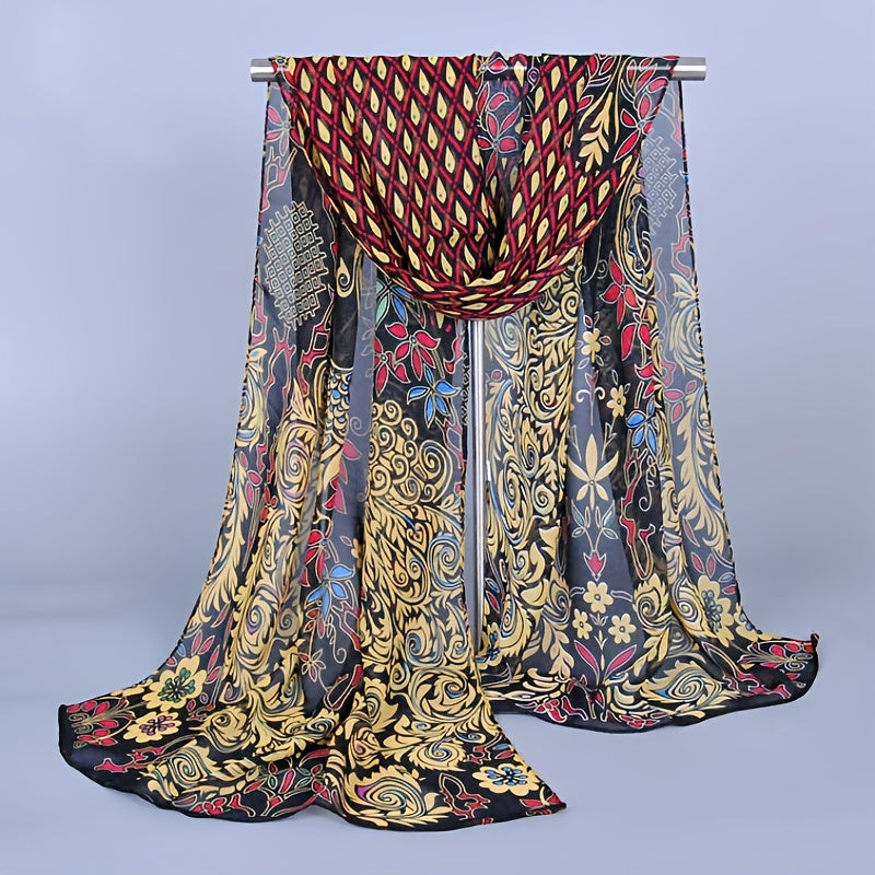Peacock Print Chiffon Silk Shawl Women Scarf