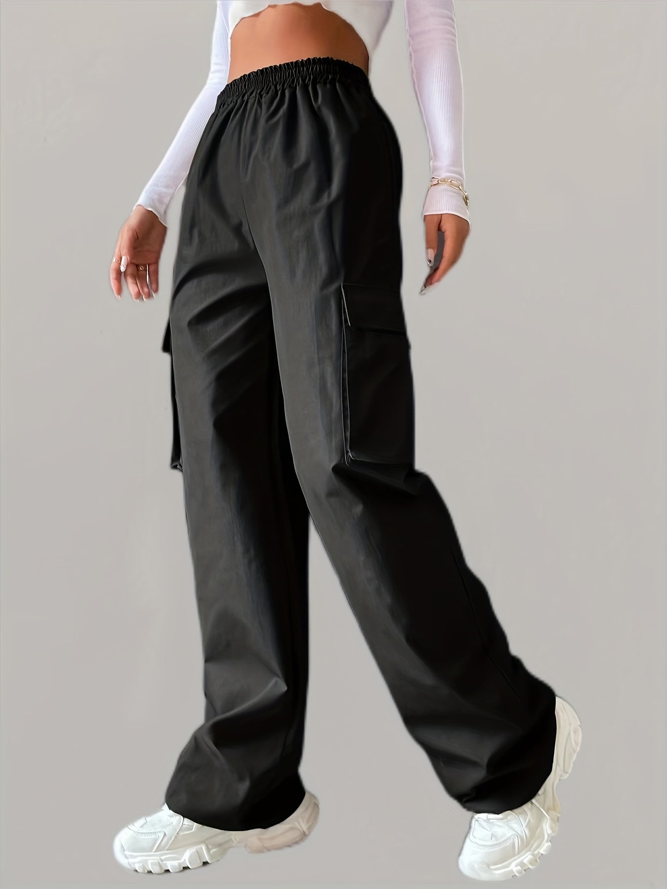 Elastic Waist Wide Leg Cargo Pants w/ Pockets