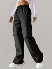 Elastic Waist Wide Leg Cargo Pants w/ Pockets