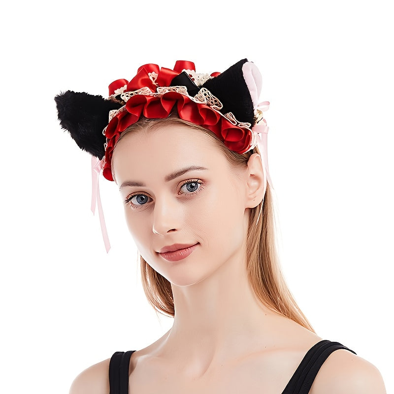 Pink Cat Ears Headband with Red Bows Jingle Bells
