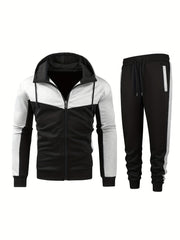 Men's Zip Up Hooded Jacket & Sweatpants Set for Outdoor Activities