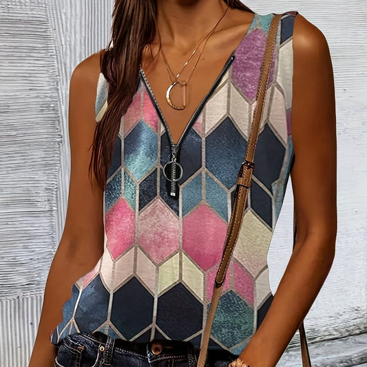 Colorful Argyle Print Tank Top Vintage Half Zip Sleeveless Summer Top