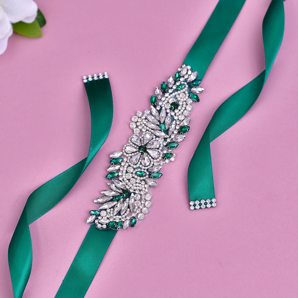 Emerald Green Rhinestone Bridal Belt Waistband Wedding Party Dresses
