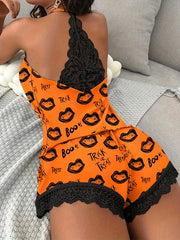 Cartoon Print Pajama Set V Neck Cami Top & Elastic Waistband Shorts