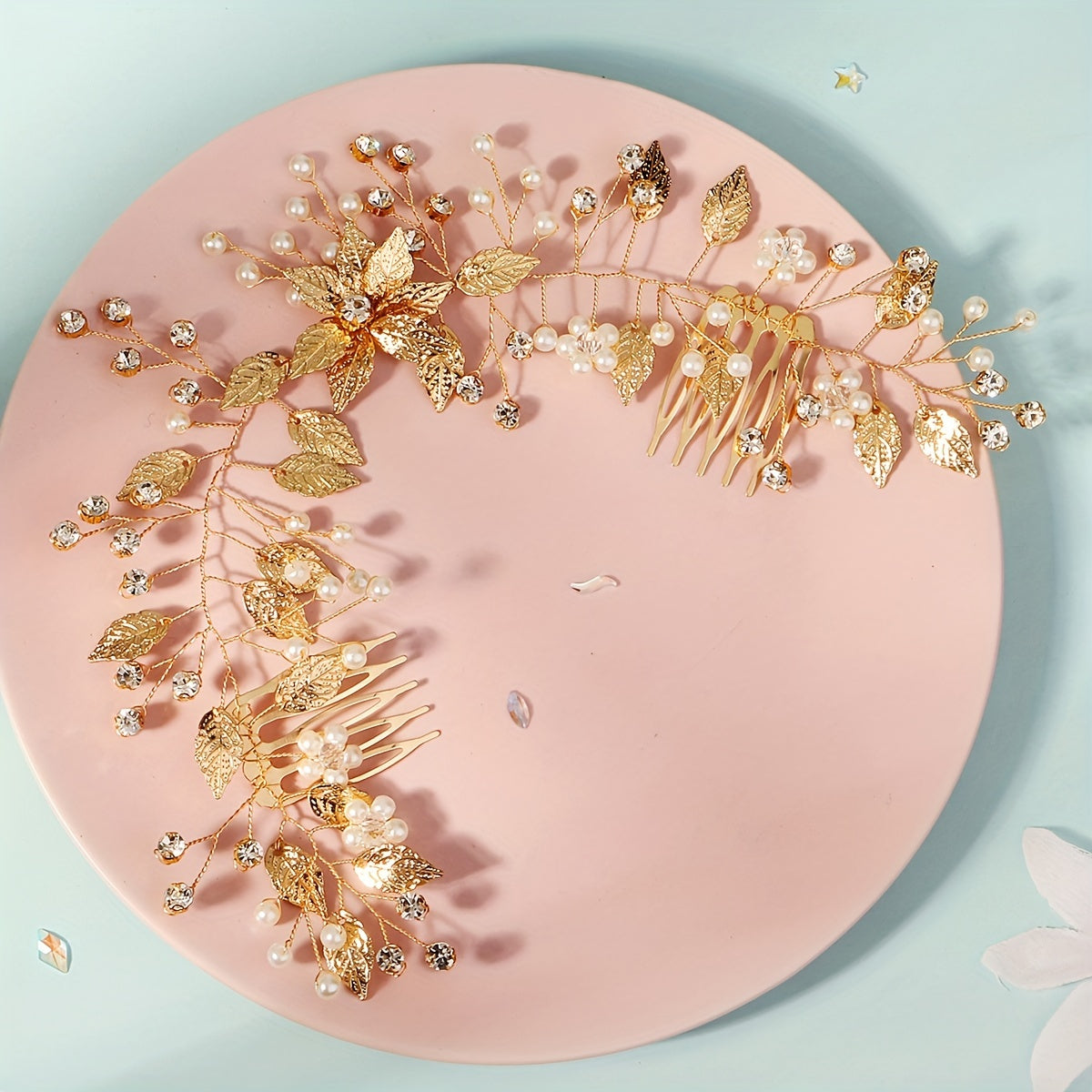 Vintage Forest Style Leaf Hair Comb with Pearl and Rhinestone for Photography
