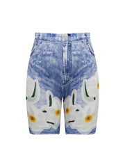 Flower Faux Denim Print Sports Shorts High Stretch
