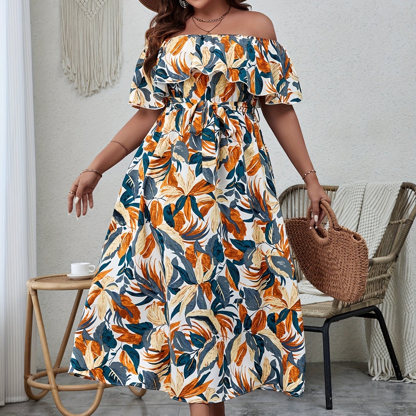  Tropical Print Off Shoulder Ruffle Maxi Dress