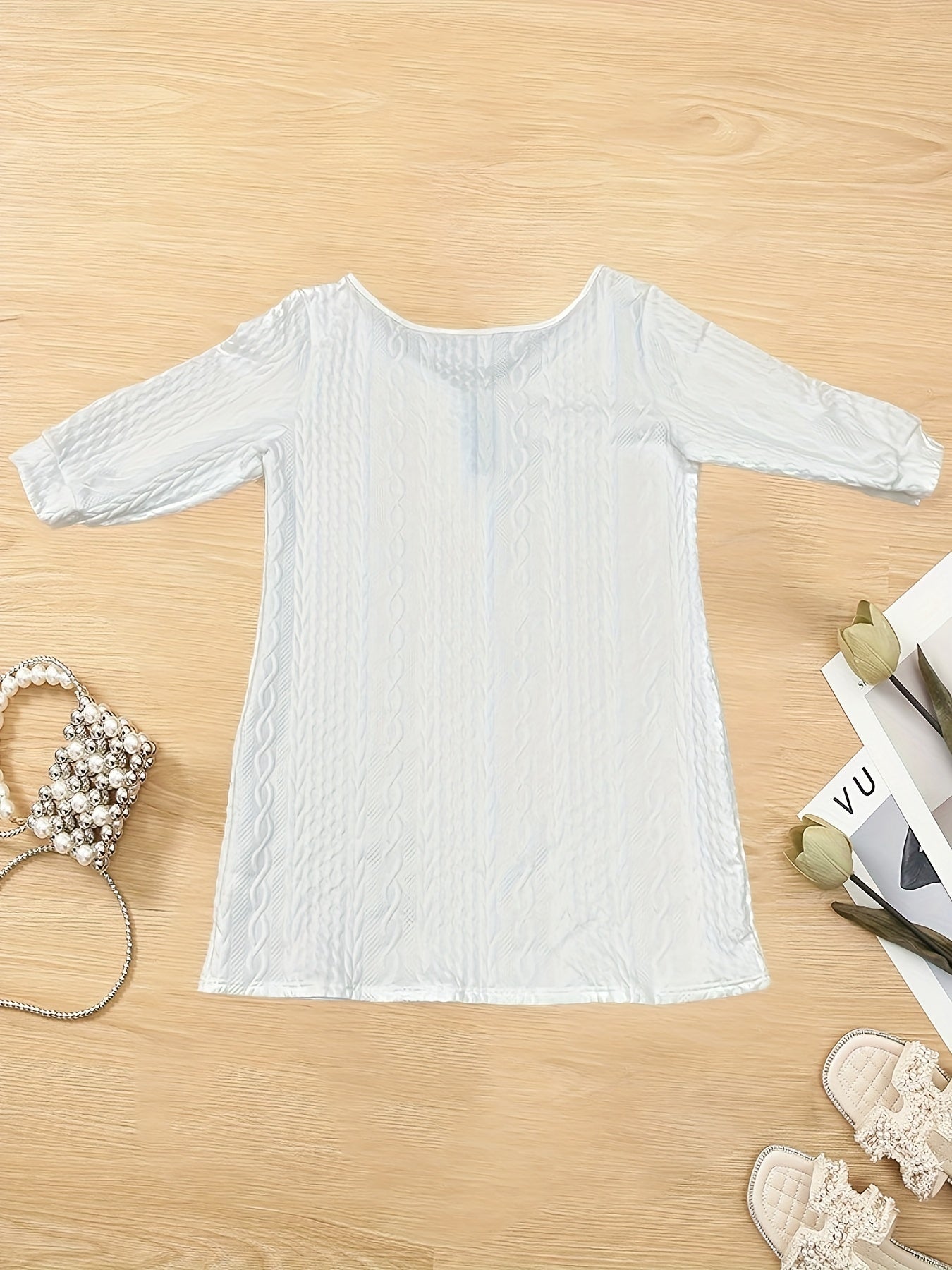 Boho Cable Long Sleeve Half Zip V Neck Plus Size Dress