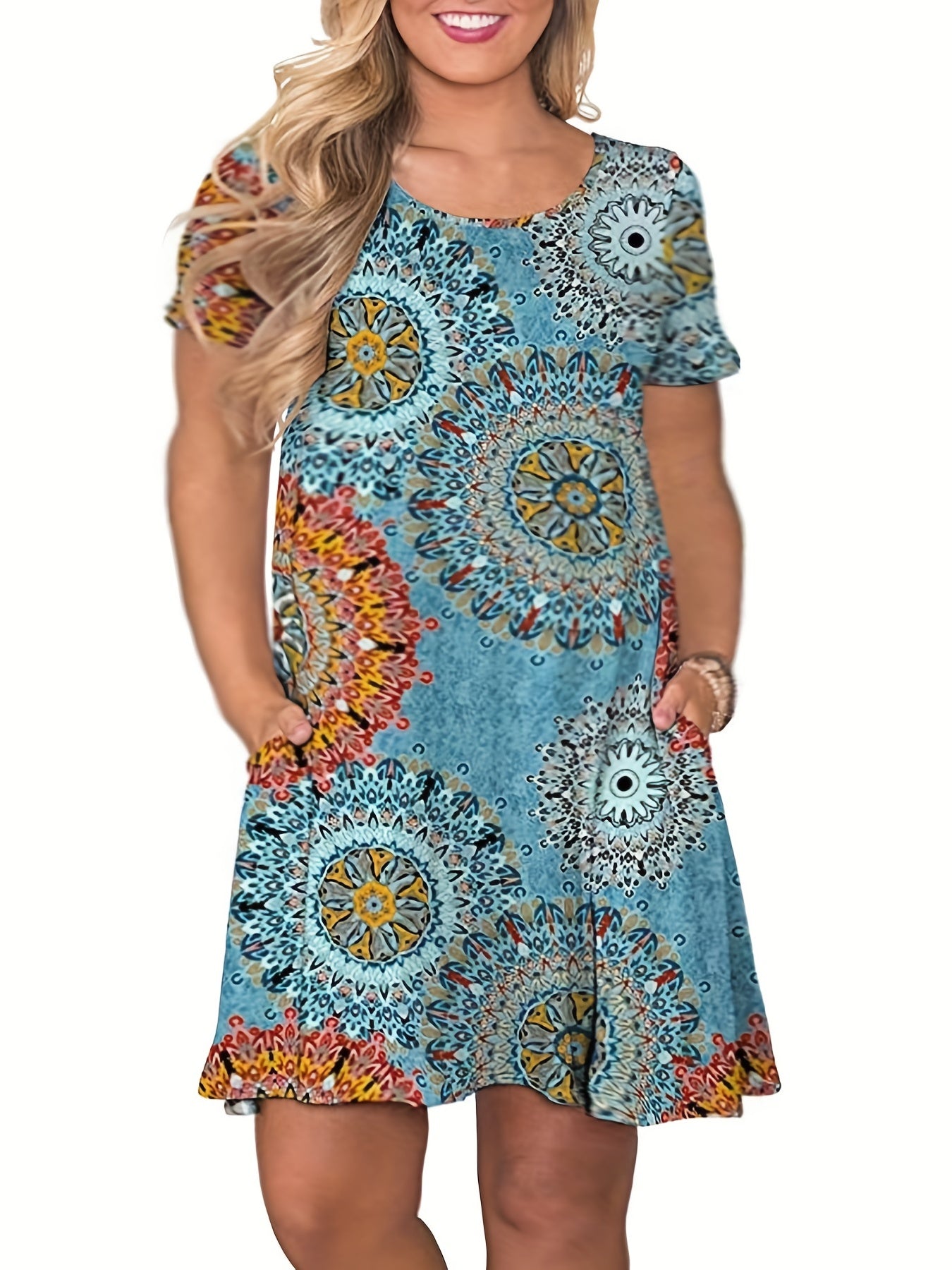  Women's Rose Print Short Sleeve Midi Dress With Pockets