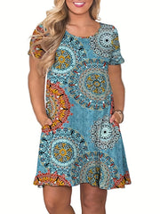  Women's Rose Print Short Sleeve Midi Dress With Pockets