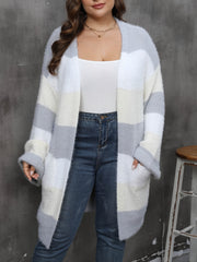  Colorblock Eyelash Long Sleeve Cardigan With Pockets