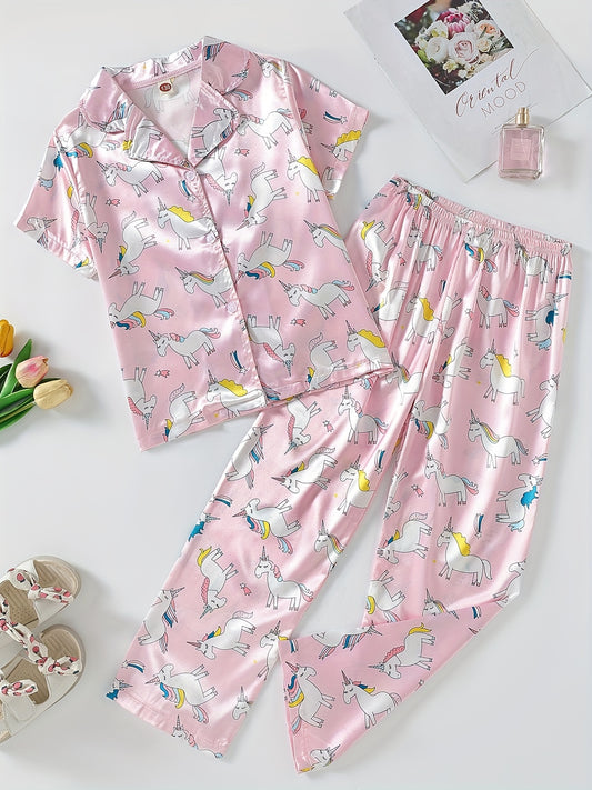 Girls Rainbow Unicorn Pajama Set Short Sleeve Top & Pants Sleepwear