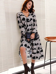 Tiered Allover Print Long Sleeve Midi Dress