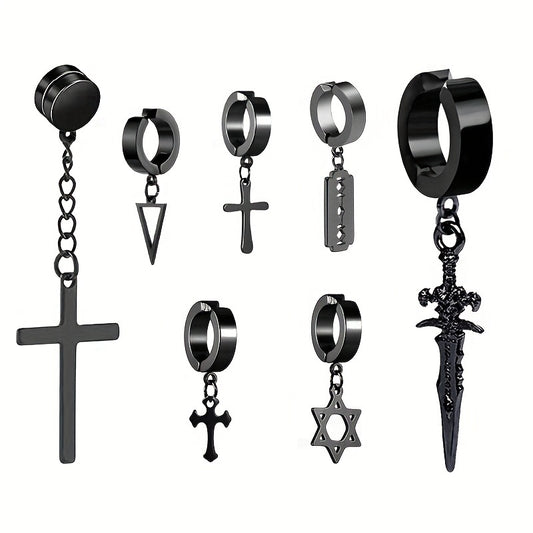 Men's Steel Jewelry Set Cross Ear Clip Fishbone Earrings