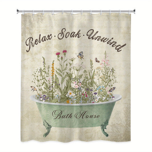 Retro Flower Pattern Shower Curtain 12 Hooks Waterproof Bath Decor