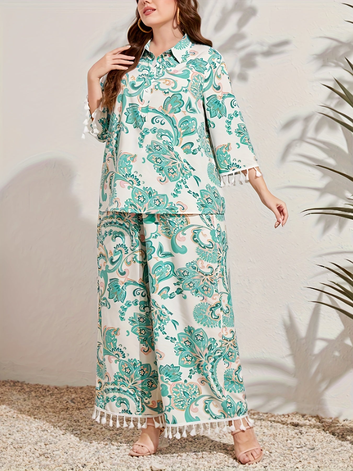  Floral Print Tassel Polo Neck Blouse & Wide Leg Pants Set