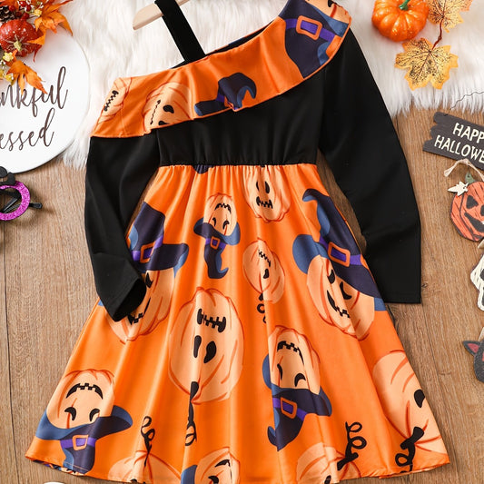 Cartoon Pumpkin Print One Shoulder Halloween Dress