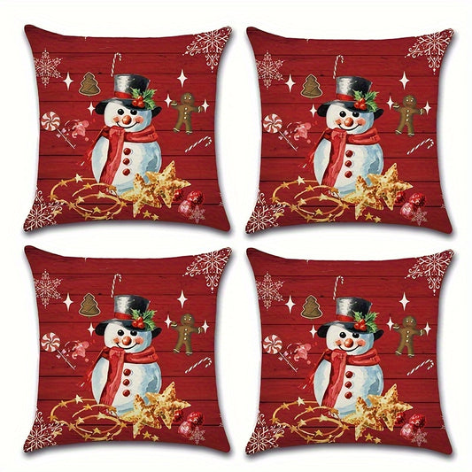Christmas Snowman Snowflake Pillow Cover Red 4pc