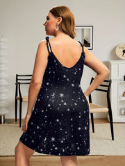  Star & Moon Print Tie Shoulder Cami Dress