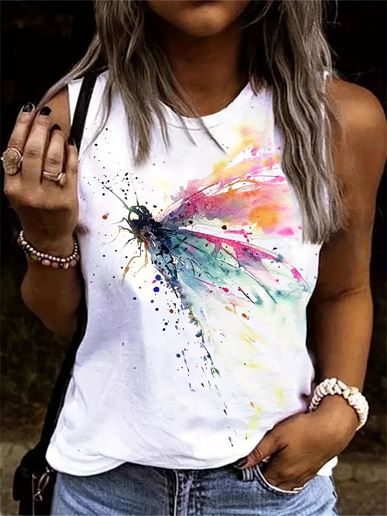 Dragonfly Print Sleeveless Tank Top