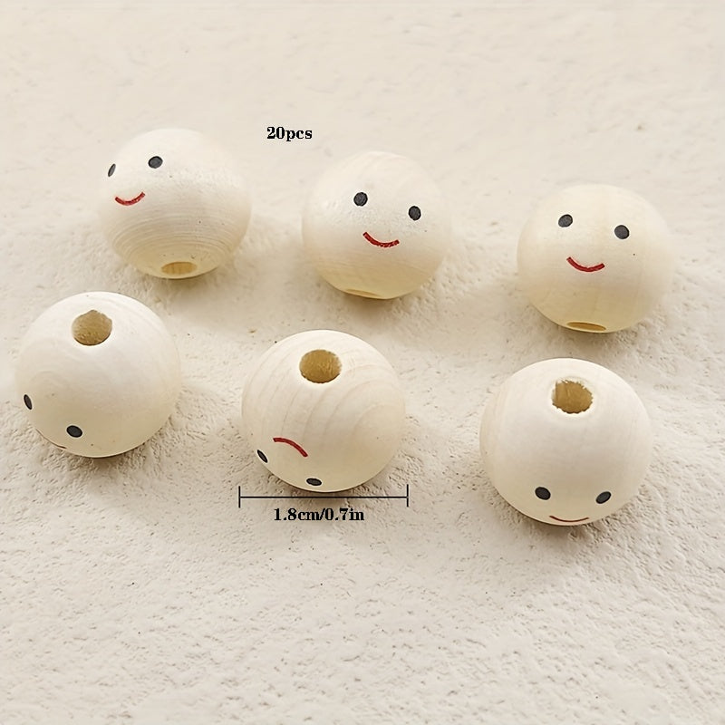 20pcs Smiling Face Wooden Beads Round Expression Loose Beads