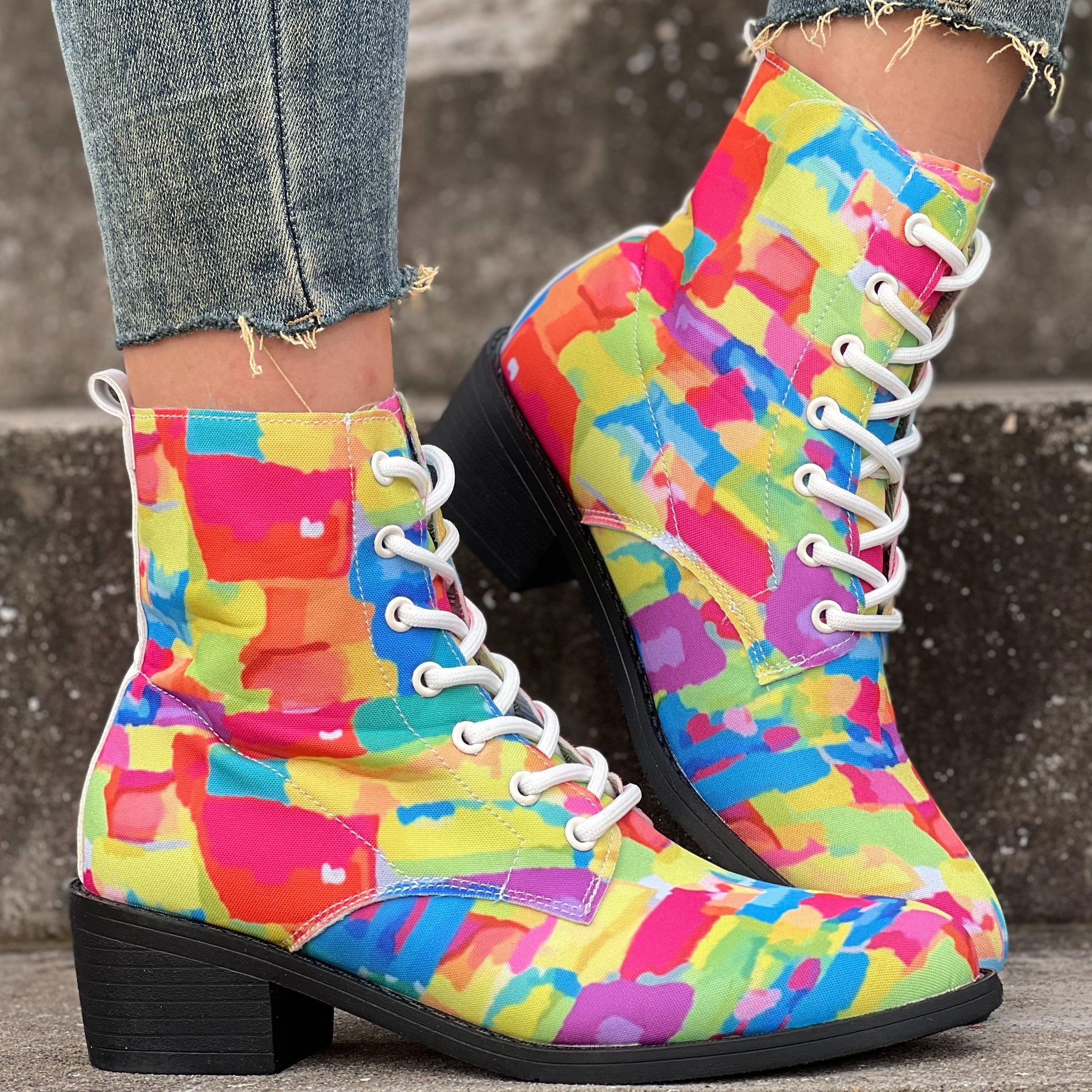 Women's Chunky Heel Lace-Up Canvas Ankle Boots