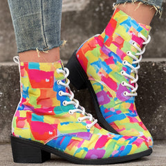 Women's Chunky Heel Lace-Up Canvas Ankle Boots