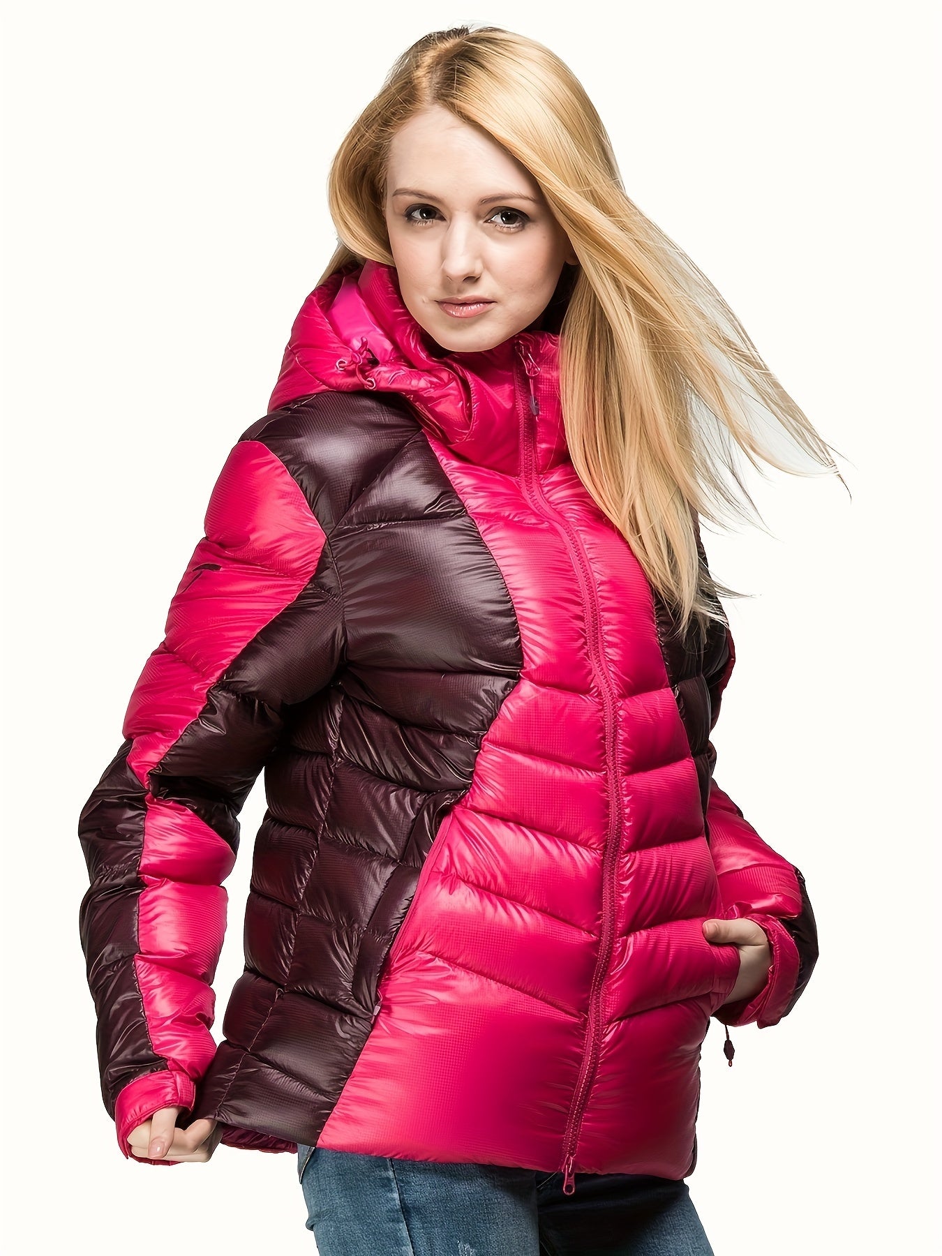 Women Long Down Jacket Two Tone Winter Puffy Coat Hoodie
